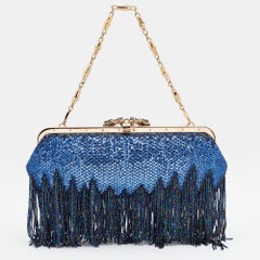 Gucci Borsa da sera con frange di cristallo e raso blu/viola e drago impreziosito