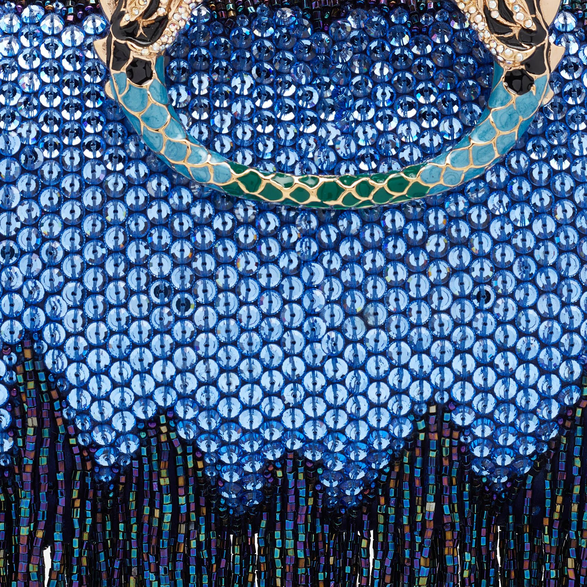 Gucci Blue/Purple Crystal and Satin Fringe Dragon Embellished Evening Bag In Good Condition In Dubai, Al Qouz 2