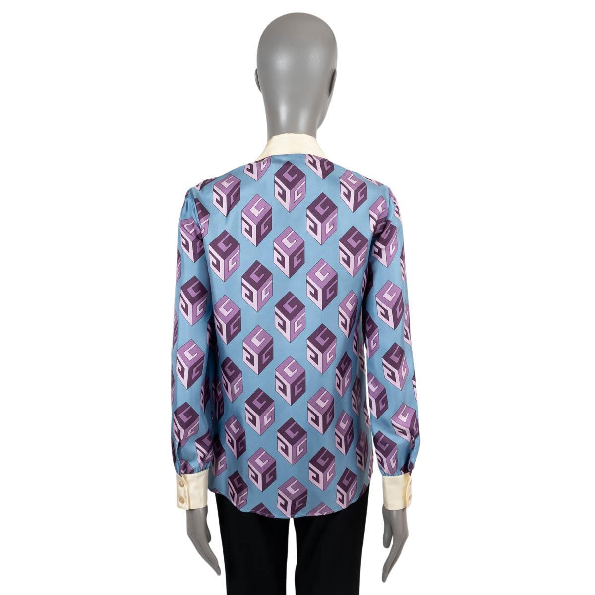 GUCCI blue & purple silk 2017 G CUBE CRYSTAL Button-Up Shirt 40 S In Excellent Condition For Sale In Zürich, CH