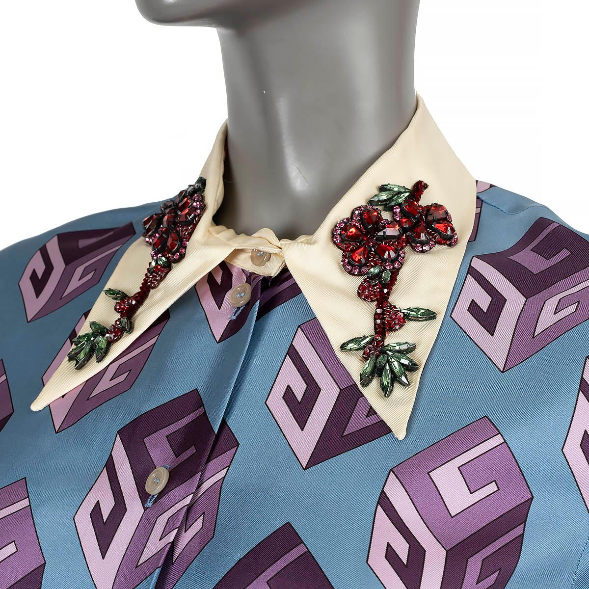 GUCCI blue & purple silk 2017 G CUBE CRYSTAL Button-Up Shirt 40 S For Sale 1
