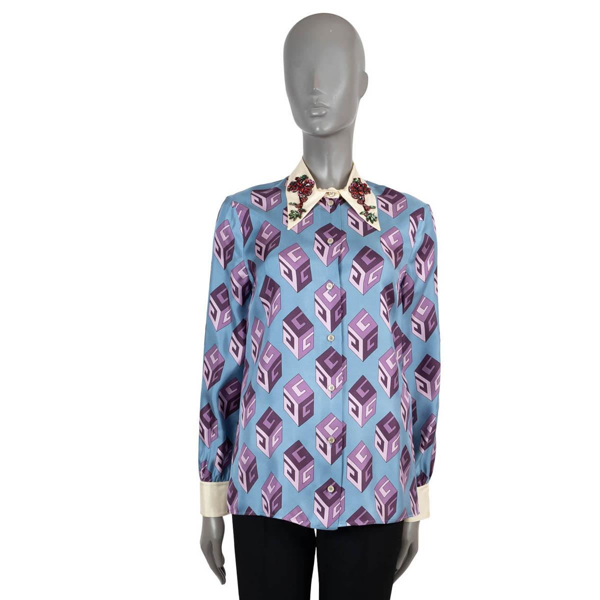 GUCCI blue & purple silk 2017 G CUBE CRYSTAL Button-Up Shirt 40 S For Sale