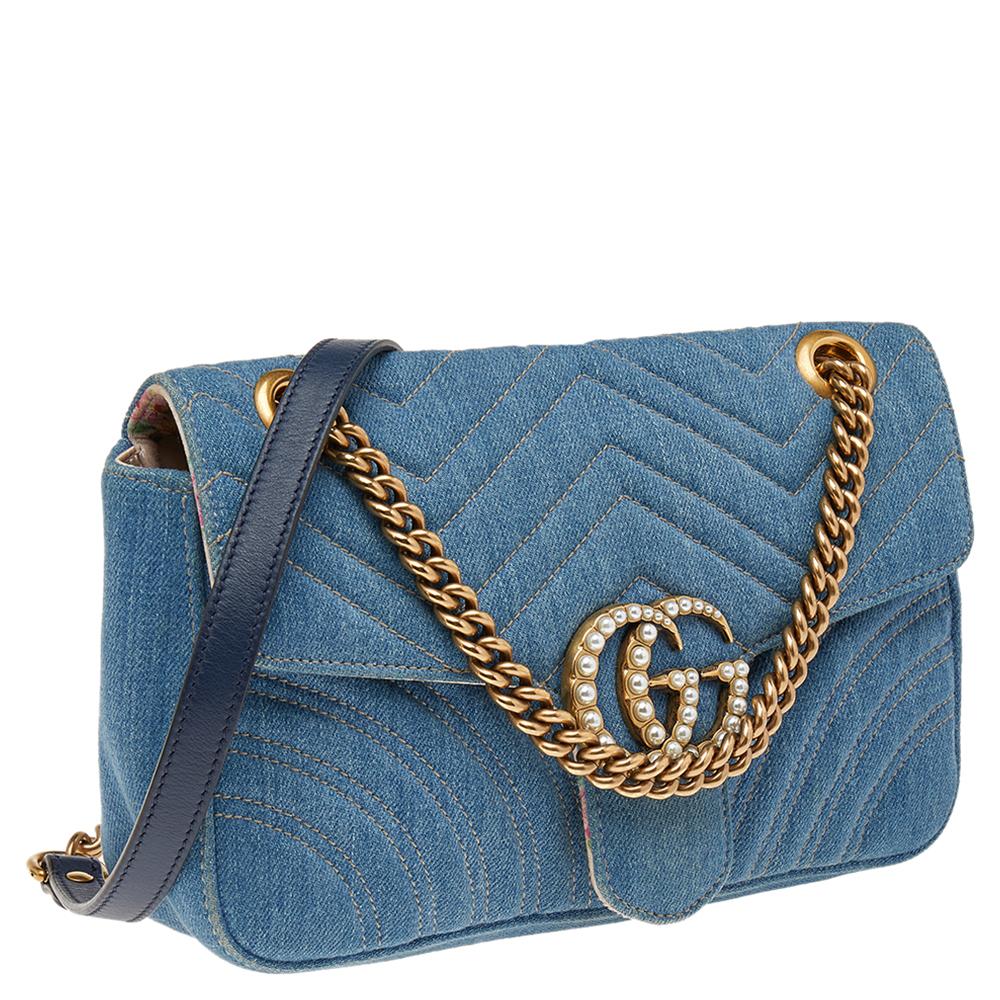 Bolso de hombro Gucci Marmont Azul Vaquero Acolchado Perla GG en Bueno Estado en Dubai, Al Qouz 2