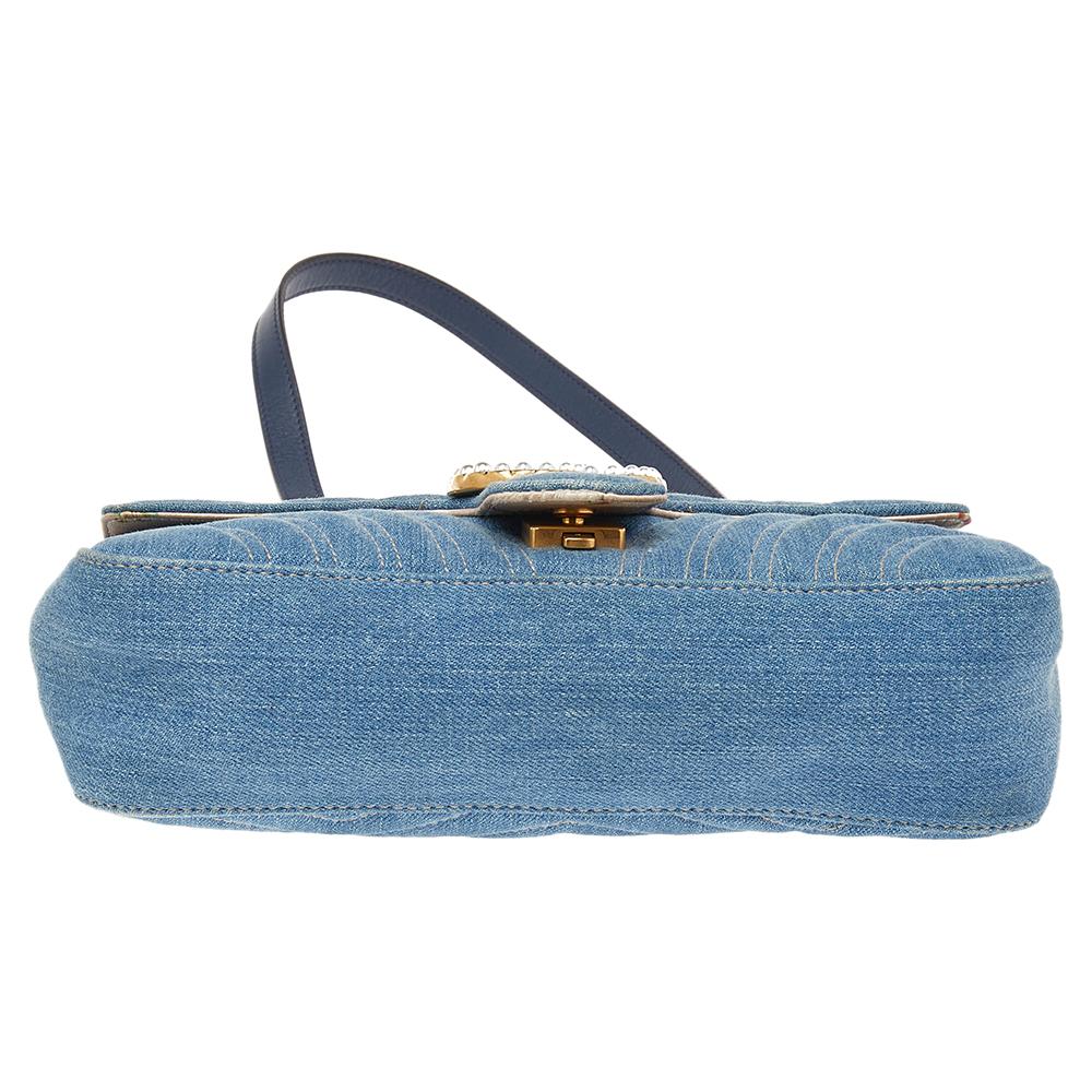 De las mujeres Bolso de hombro Gucci Marmont Azul Vaquero Acolchado Perla GG