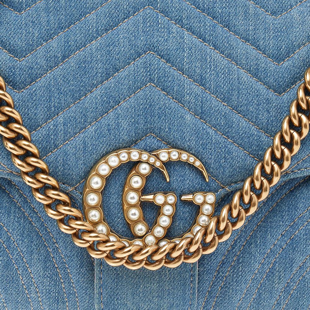 Women's Gucci Blue Quilted Denim Pearl GG Marmont Shoulder Bag