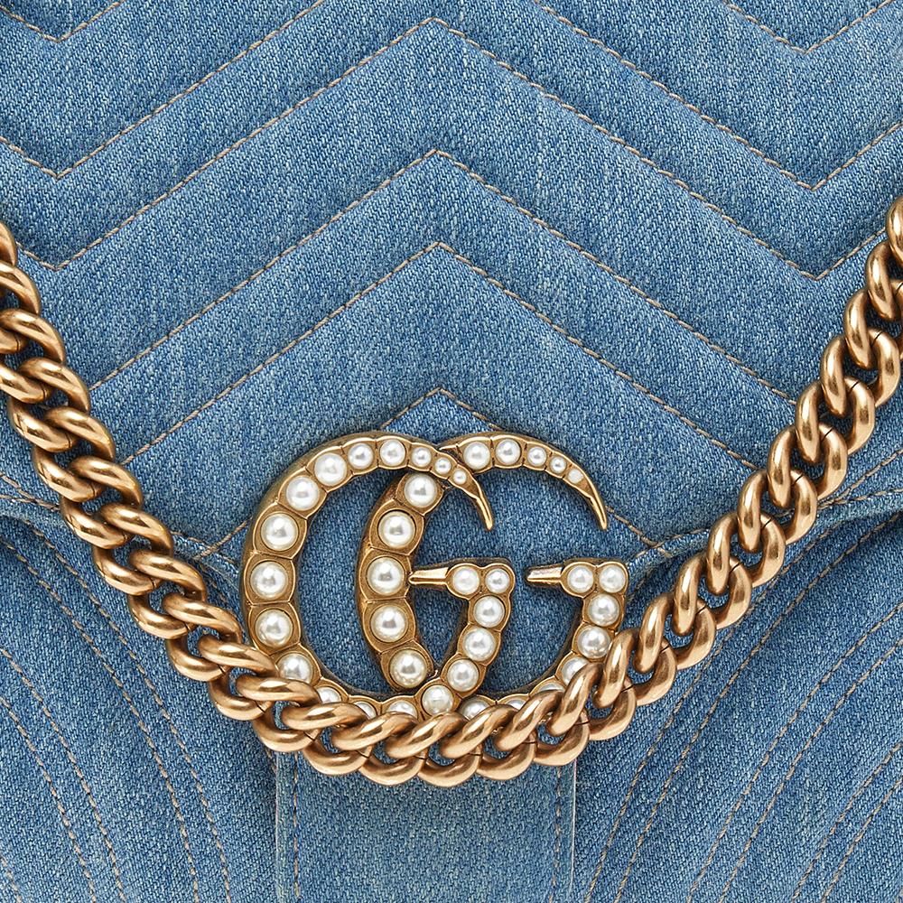 Bolso de hombro Gucci Marmont Azul Vaquero Acolchado Perla GG 3