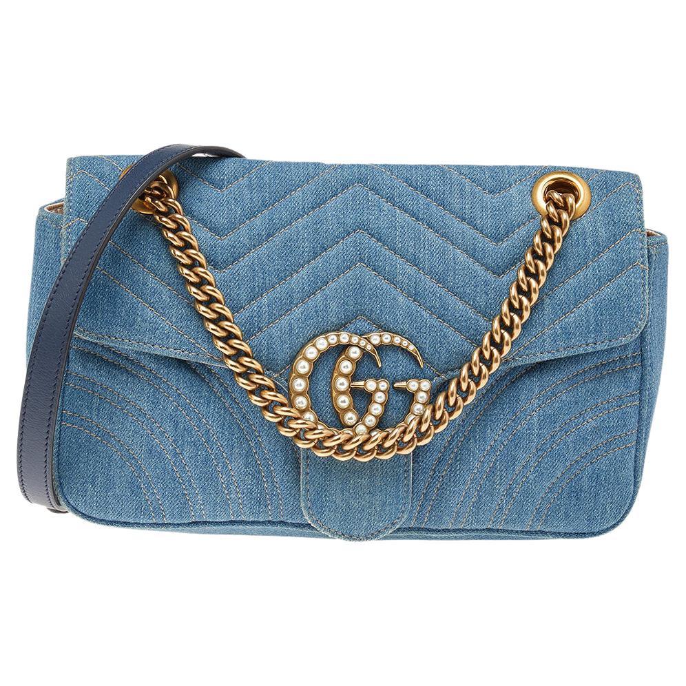 Gucci Blue Quilted Denim Pearl GG Marmont Shoulder Bag