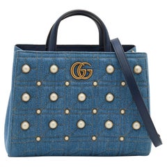 Gucci Blue Quilted Denim Small Pearl GG Marmont Tote