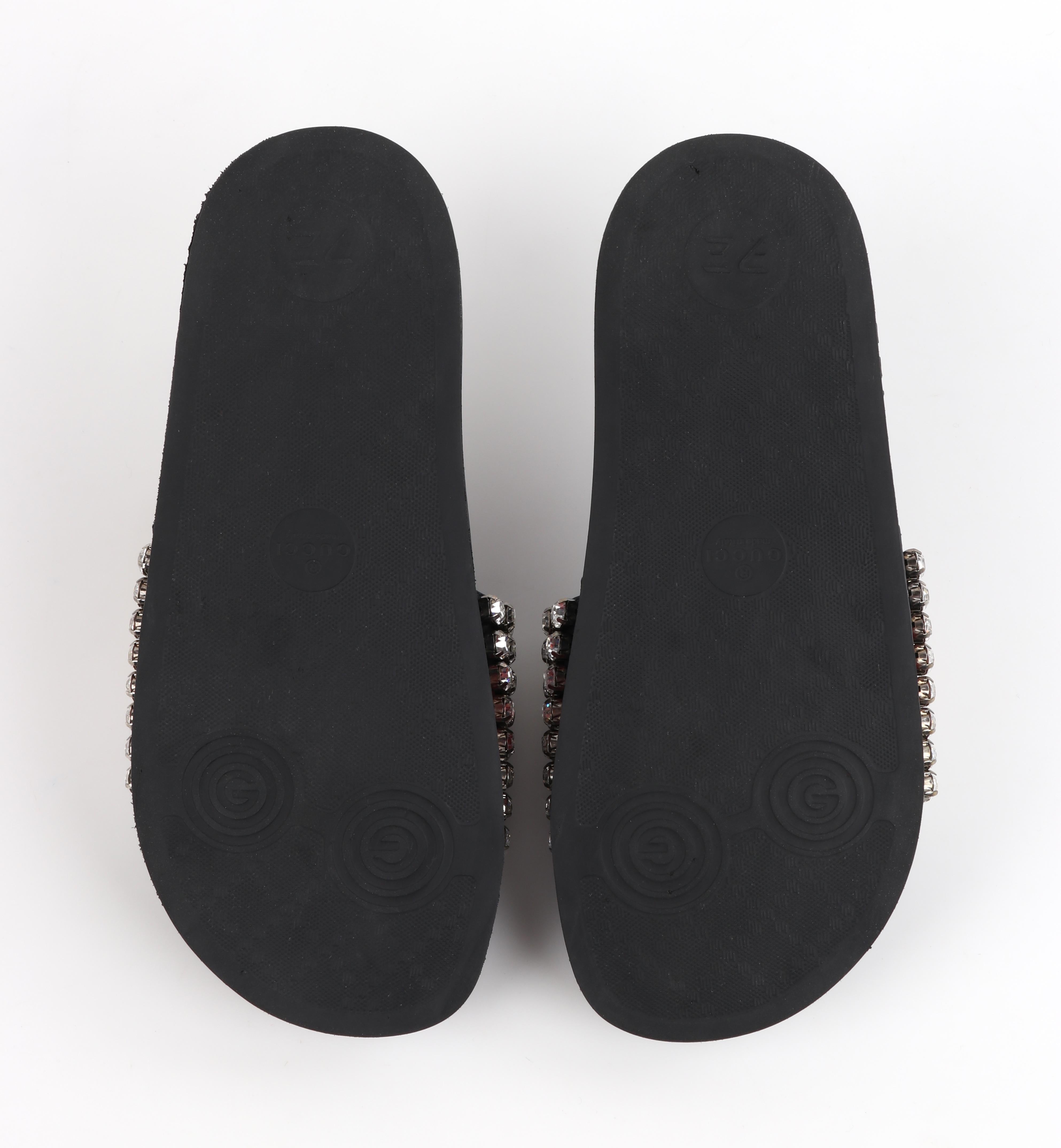 GUCCI Blue Red Calfskin Leather Web Crystal Embellished Sandals Slides  For Sale 2