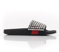 GUCCI Blue Red Calfskin Leather Web Crystal Embellished Sandals Slides