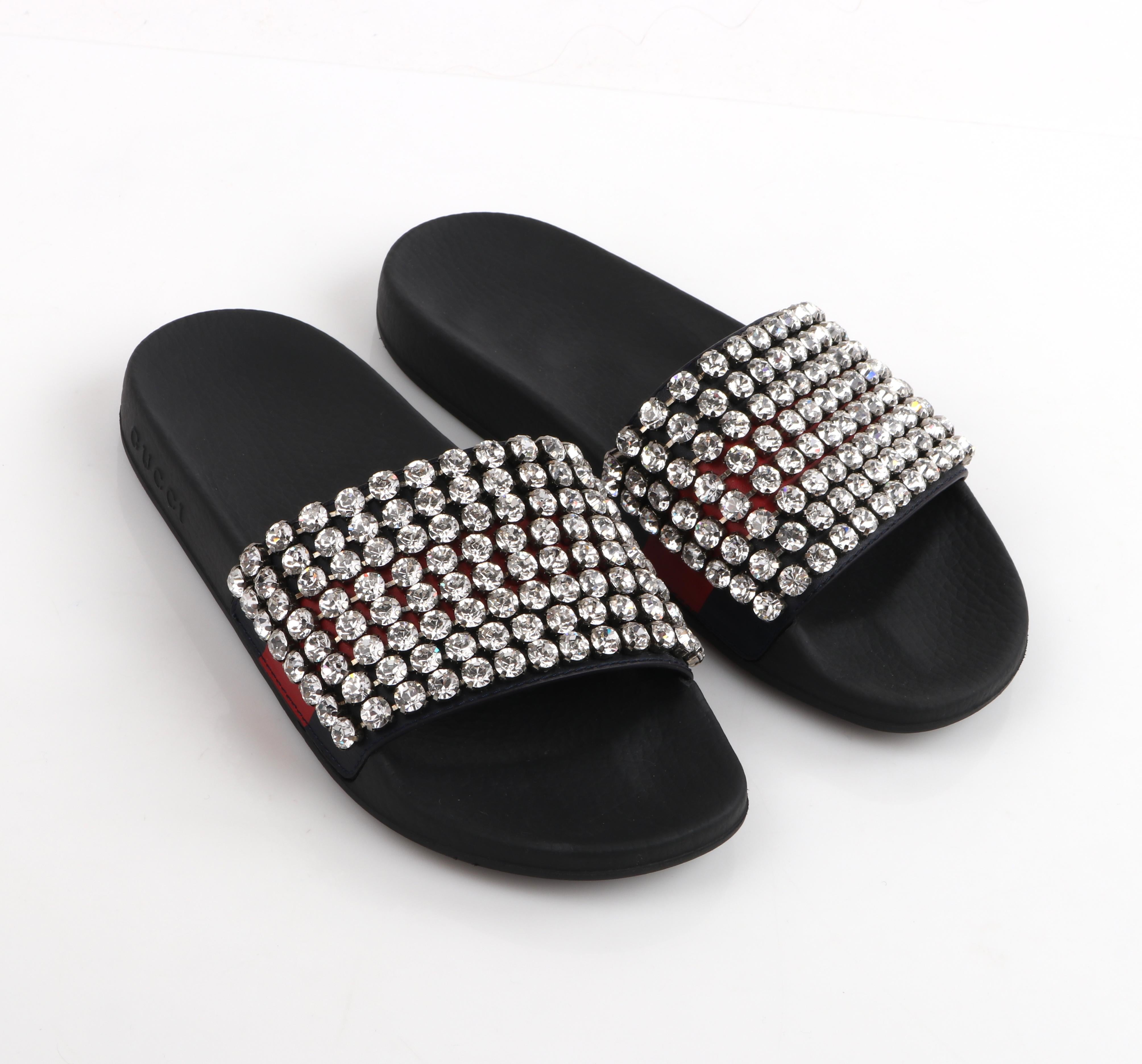 Black GUCCI Blue Red Calfskin Leather Web Crystal Embellished Sandals Slides  For Sale