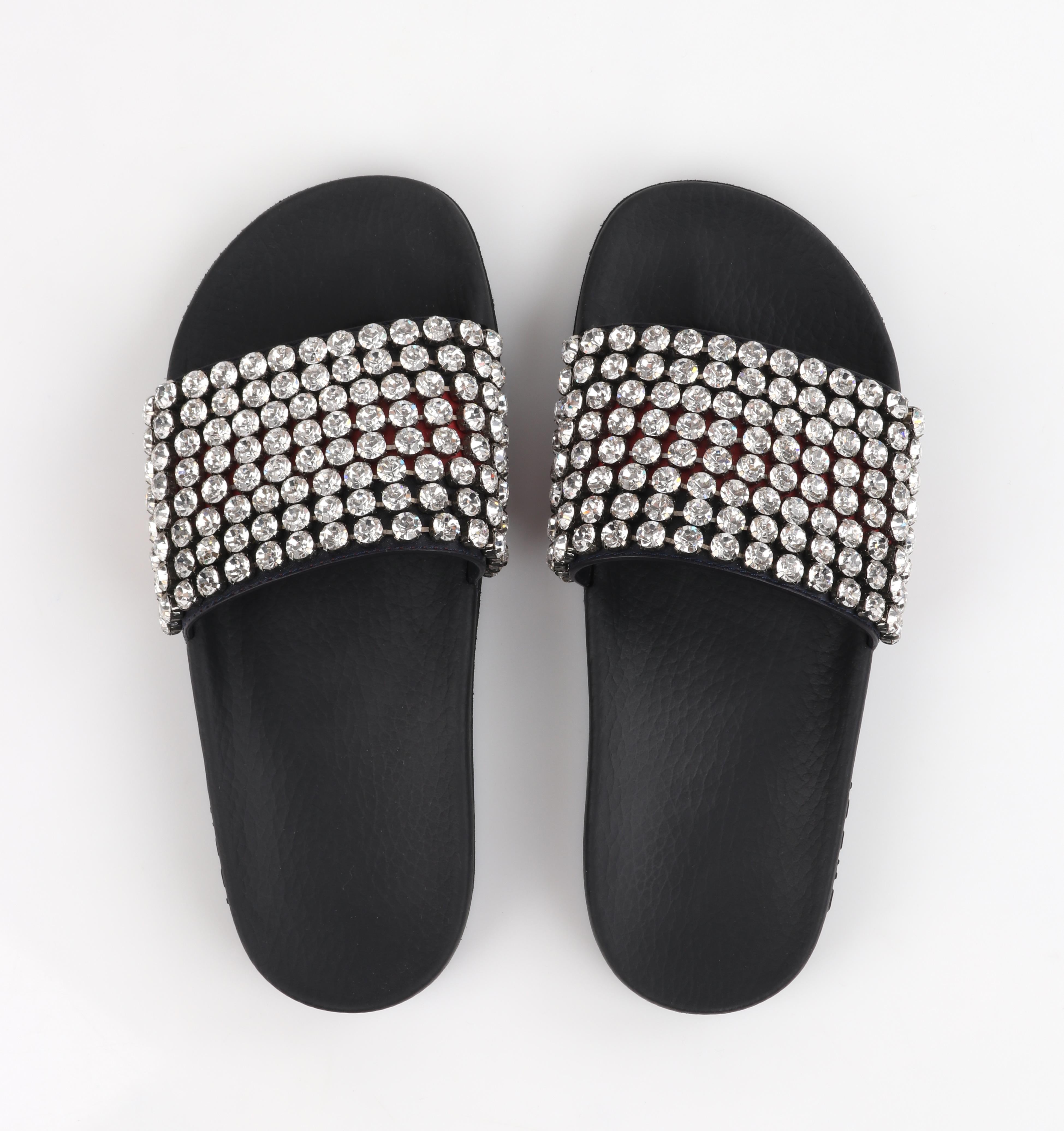 GUCCI Blue Red Calfskin Leather Web Crystal Embellished Sandals Slides  For Sale 1