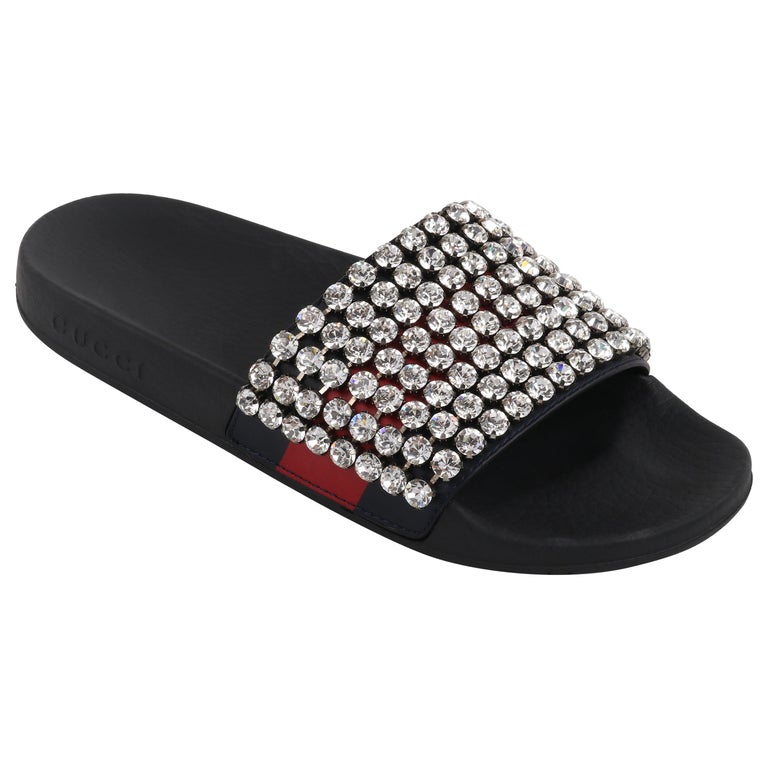 GUCCI Blue Red Calfskin Leather Web Crystal Embellished Sandals Slides For  Sale at 1stDibs | gucci diamond slides, gucci crystal slides, diamond gucci  slides