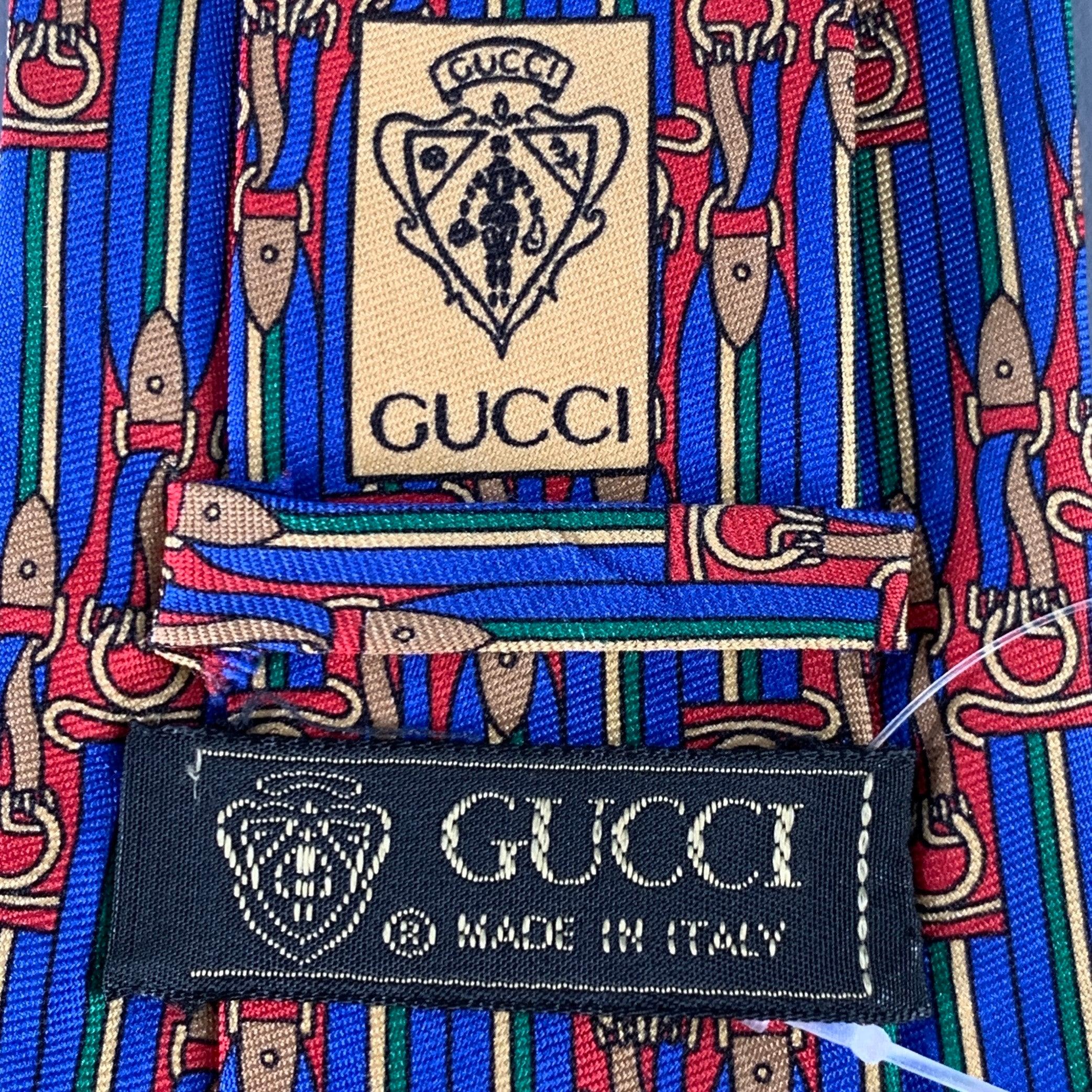 GUCCI Blue Red Equestrian Stripe Silk Tie In Good Condition For Sale In San Francisco, CA