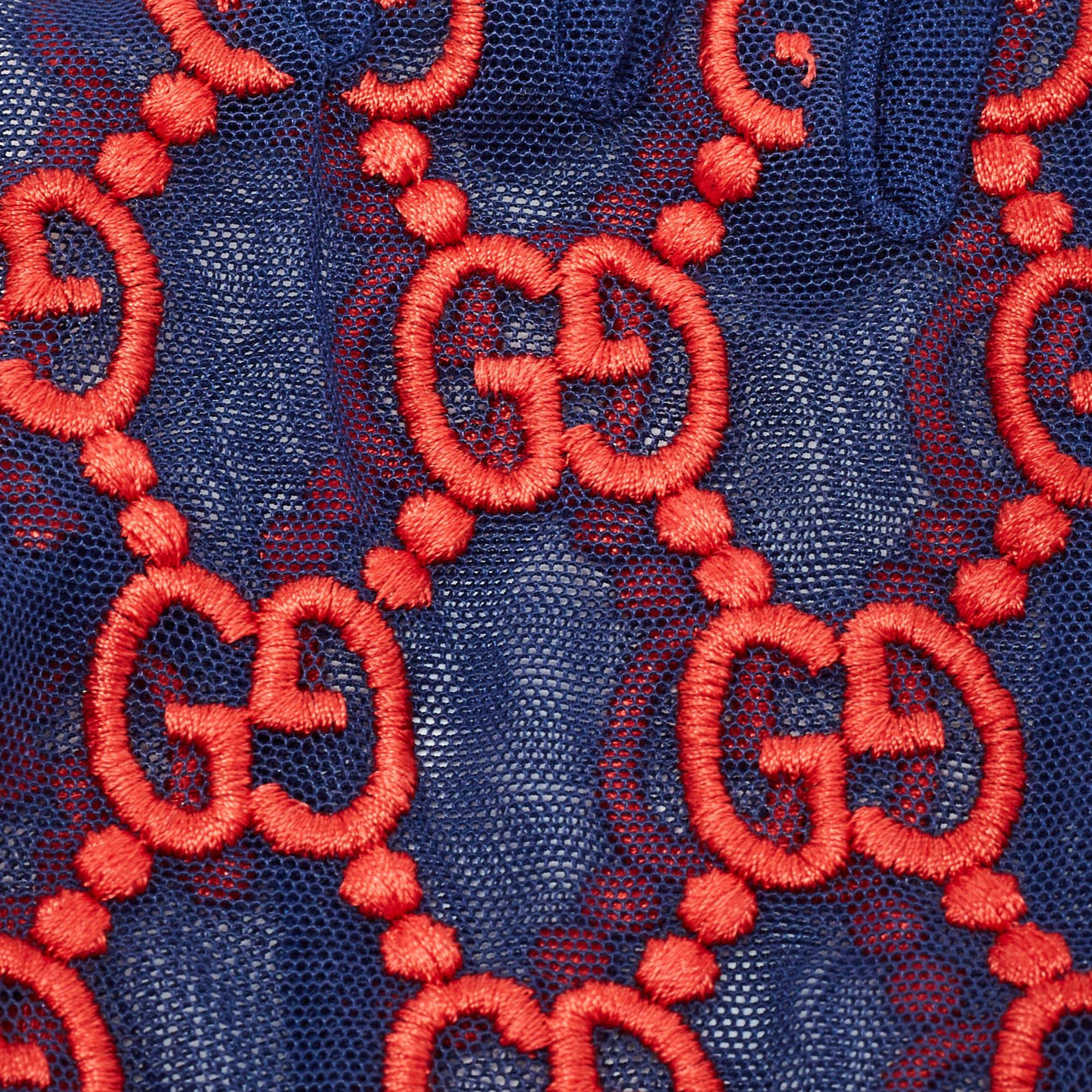 Women's Gucci Blue/Red GG Embroidered Tulle Gloves M For Sale