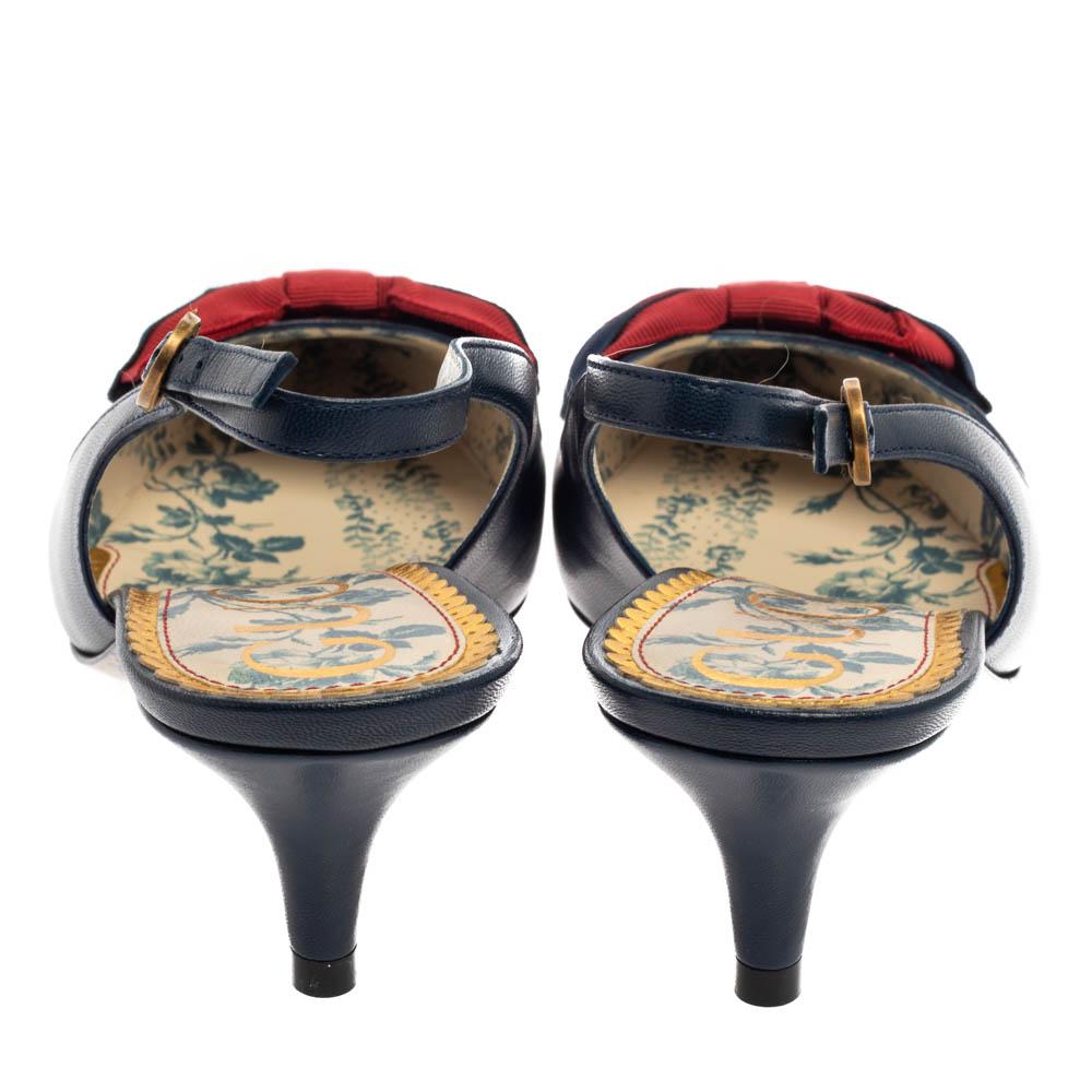 Black Gucci Blue/Red Leather Bow Slingback Pumps 38.5