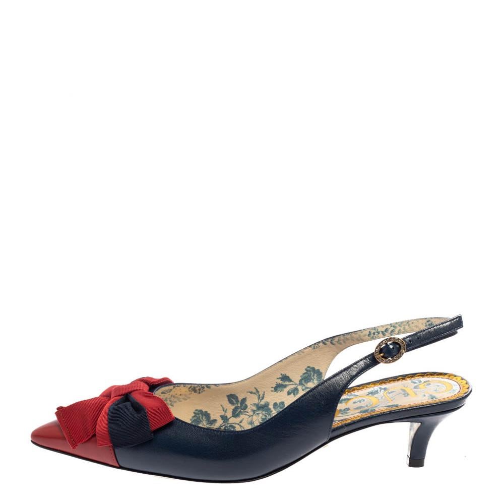 Women's Gucci Blue/Red Leather Bow Slingback Pumps 38.5