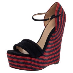 Gucci Blue/Red Suede And Jute Espadrille Wedge Sandals Size 37