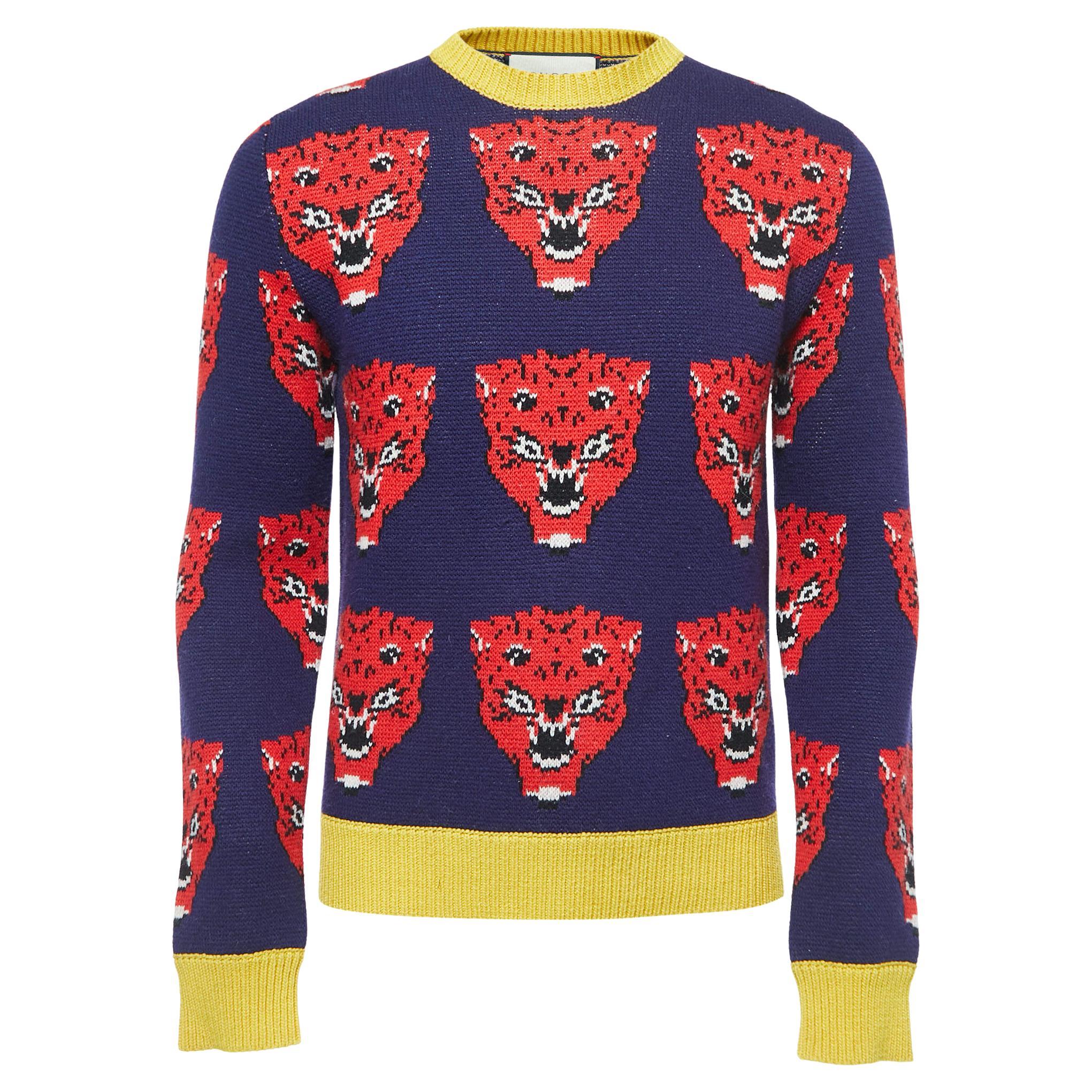 Gucci Blue/Red Tiger Patterned Wool Sweater XS