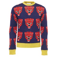 Blauer/roter Tiger-Muster-Wollpullover von Gucci XS