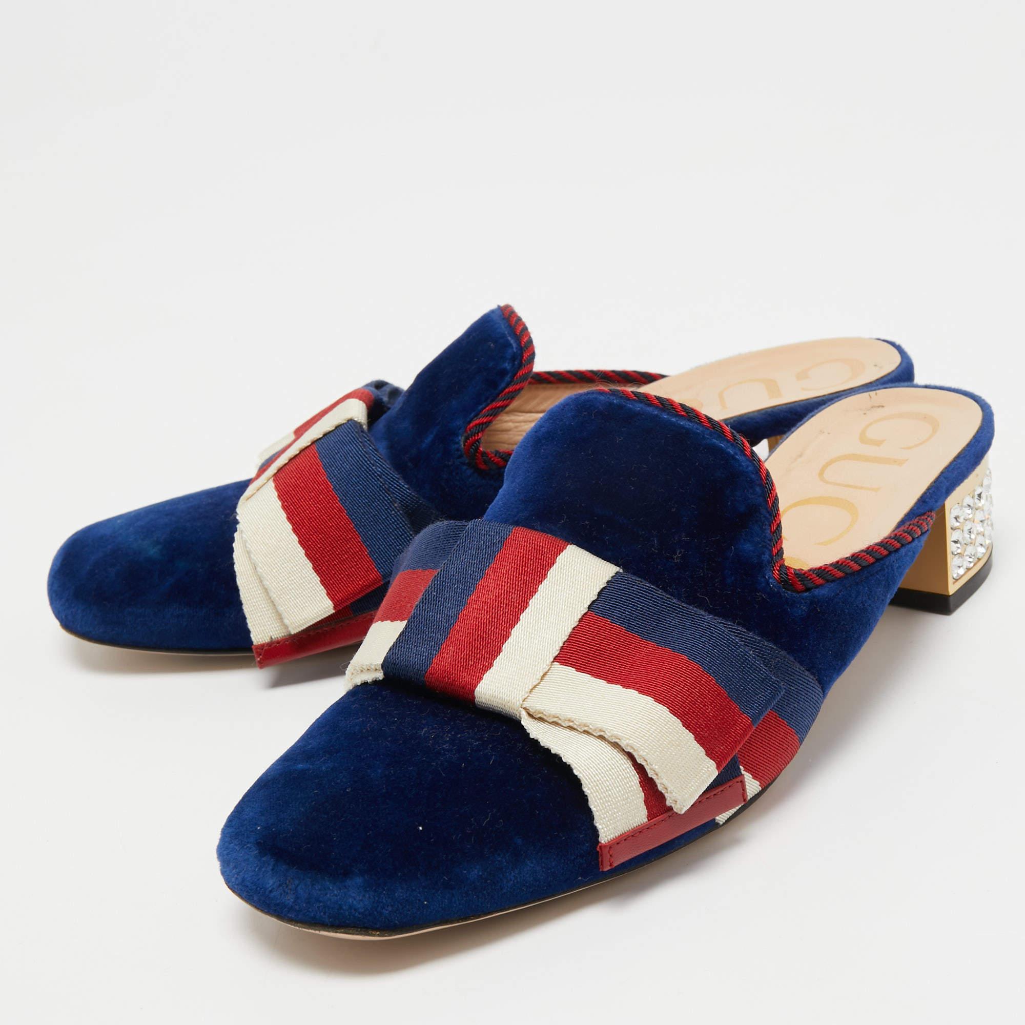 Gucci Blue/Red Velvet Sylvie Bow Mules Size 36 1