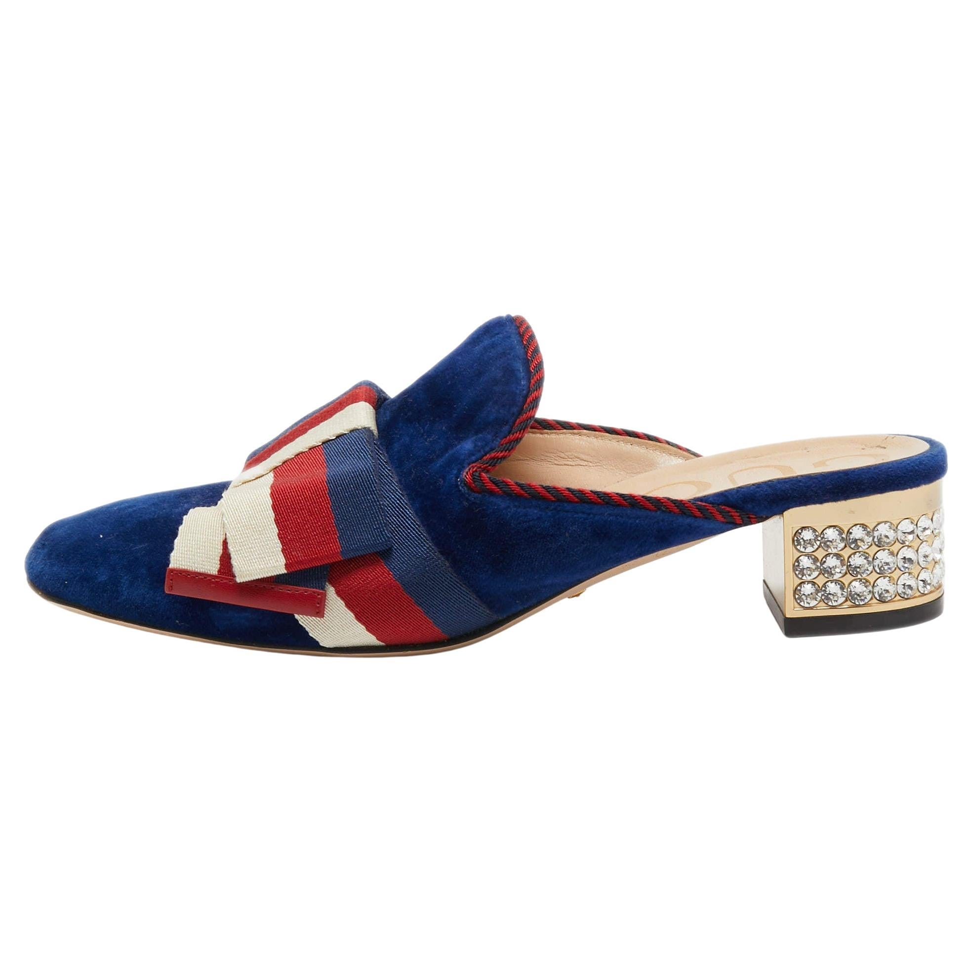 Gucci Blue/Red Velvet Sylvie Bow Mules Size 36