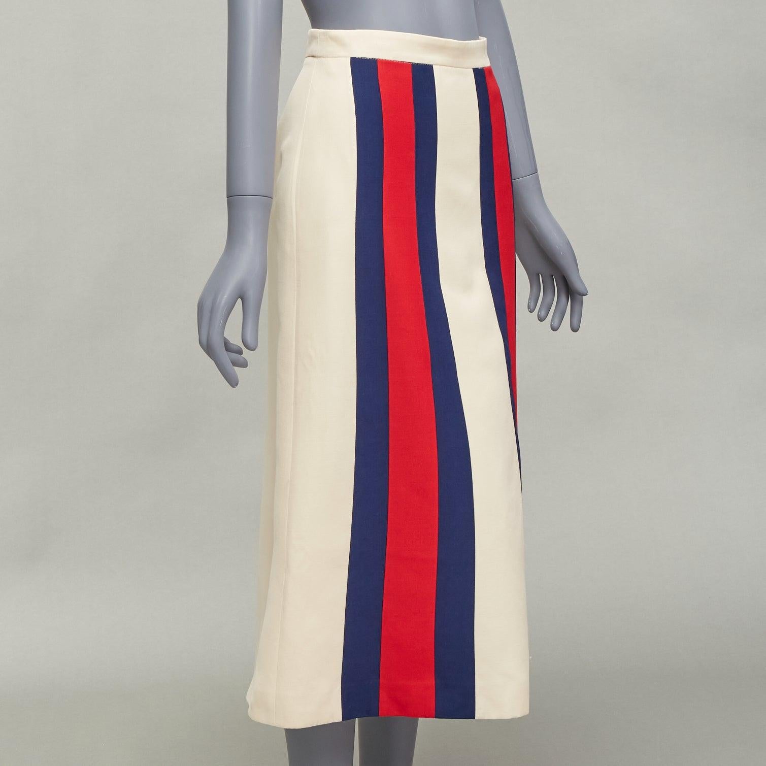 GUCCI blue red web trim front beige textured Aline midi skirt In Fair Condition For Sale In Hong Kong, NT