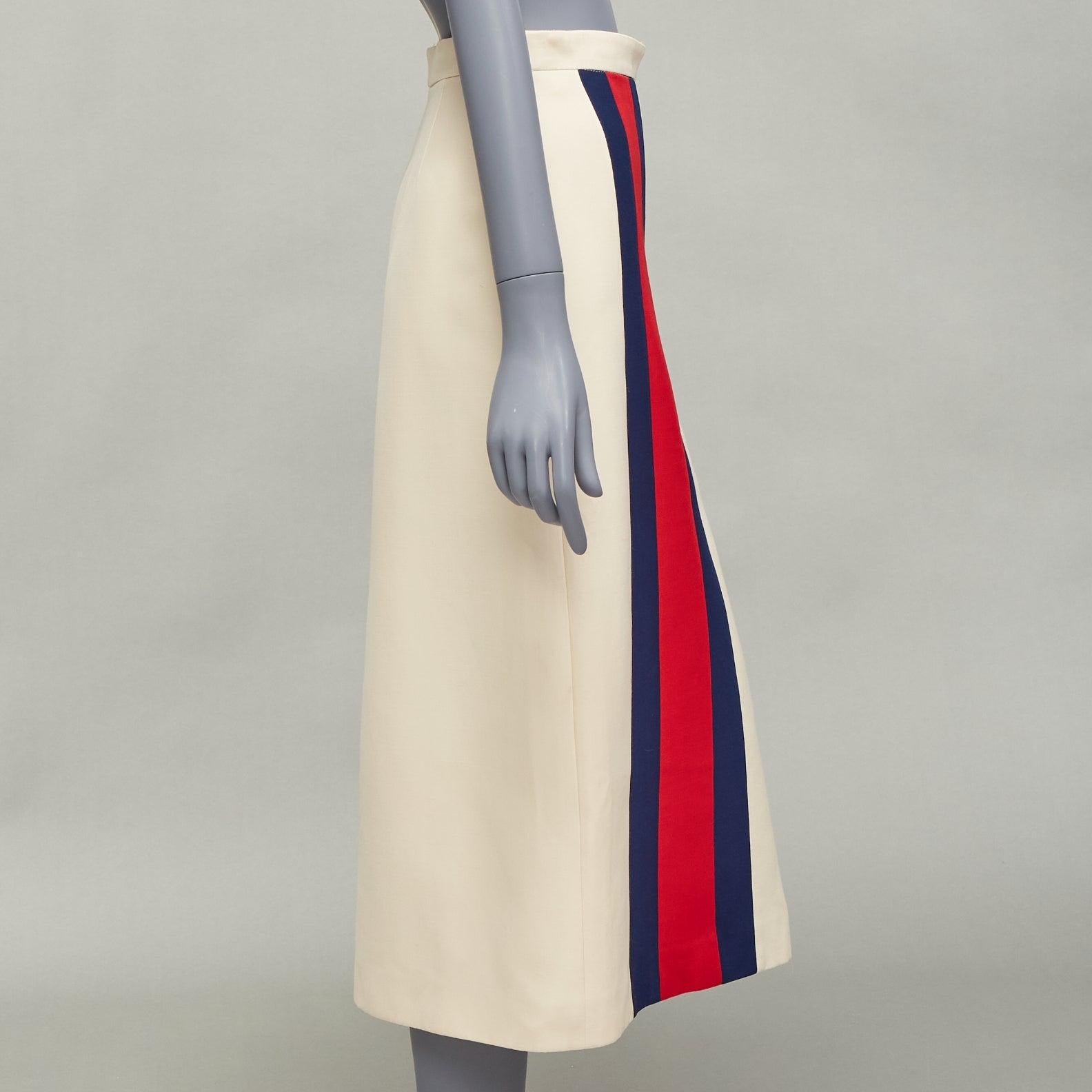 Women's GUCCI blue red web trim front beige textured Aline midi skirt For Sale