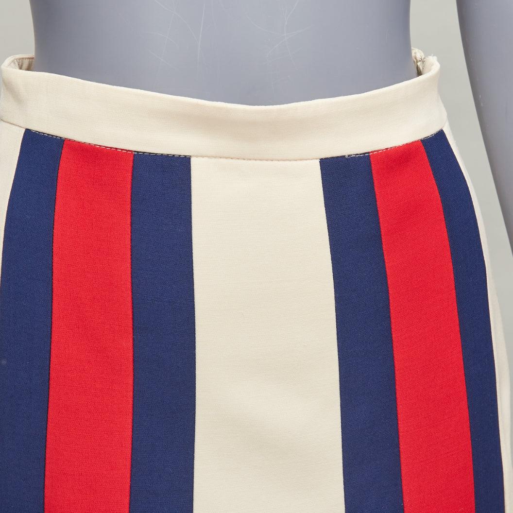 GUCCI blue red web trim front beige textured Aline midi skirt For Sale 3