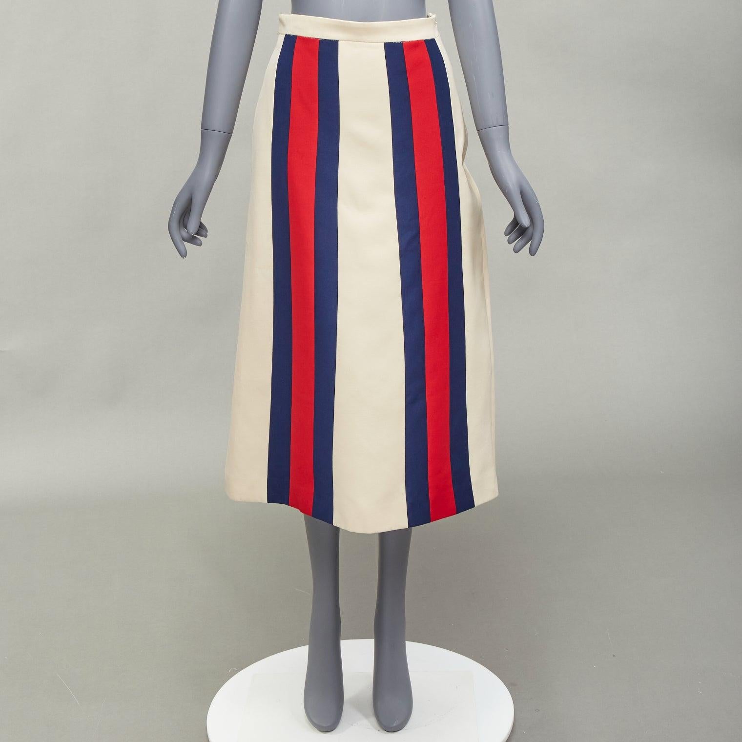GUCCI blue red web trim front beige textured Aline midi skirt For Sale 5
