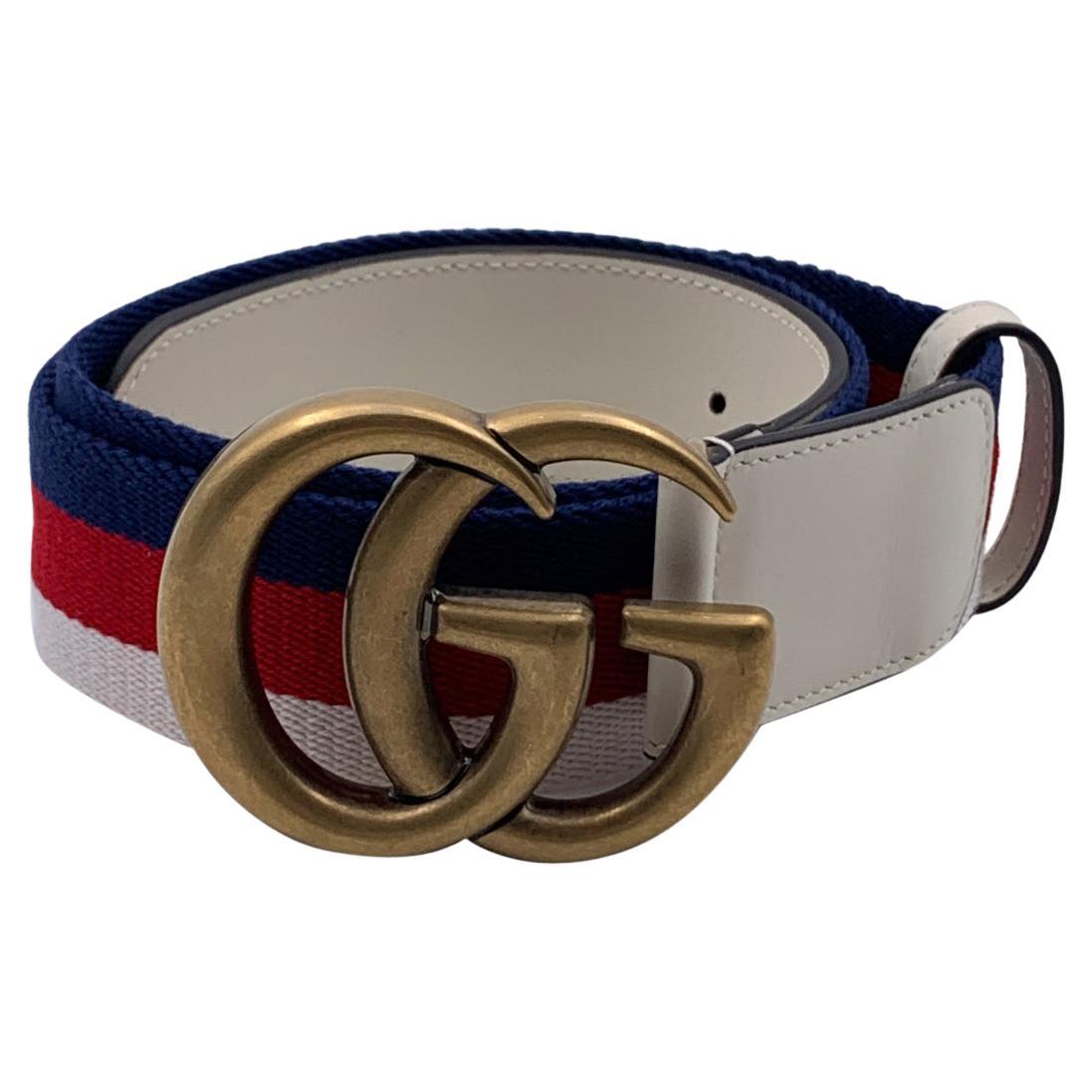 Gucci Blue Red White Striped Marmont Belt with GG Buckle Size 85/34