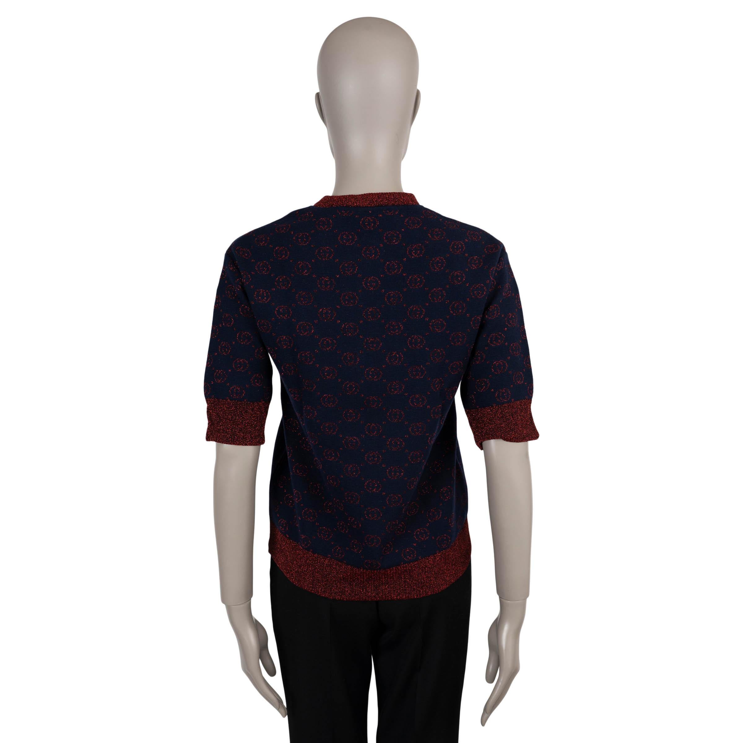 Nero Gucci Maglione a maniche corte XS in lana blu e rossa LAME GG JACQUARD in vendita
