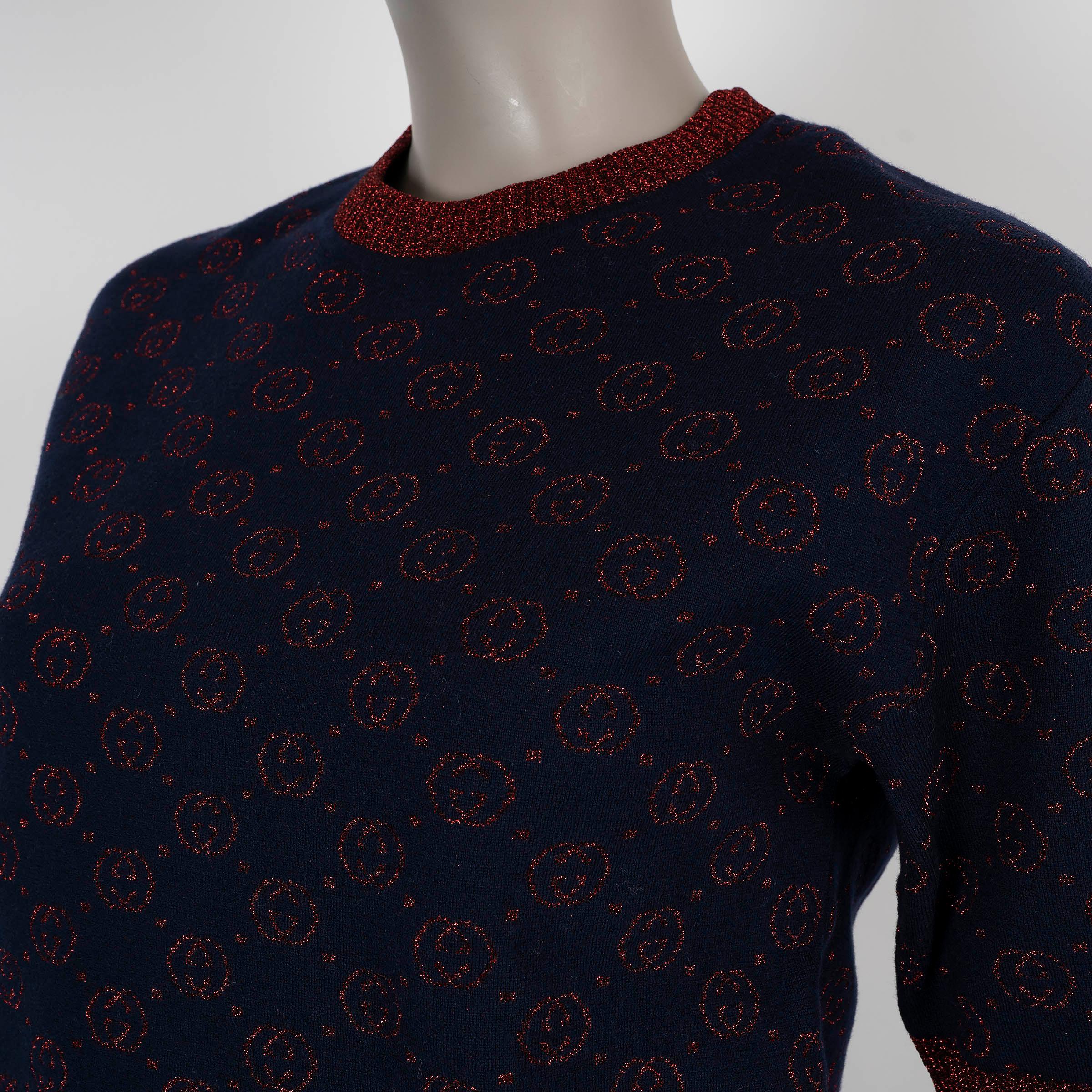 Donna Gucci Maglione a maniche corte XS in lana blu e rossa LAME GG JACQUARD in vendita