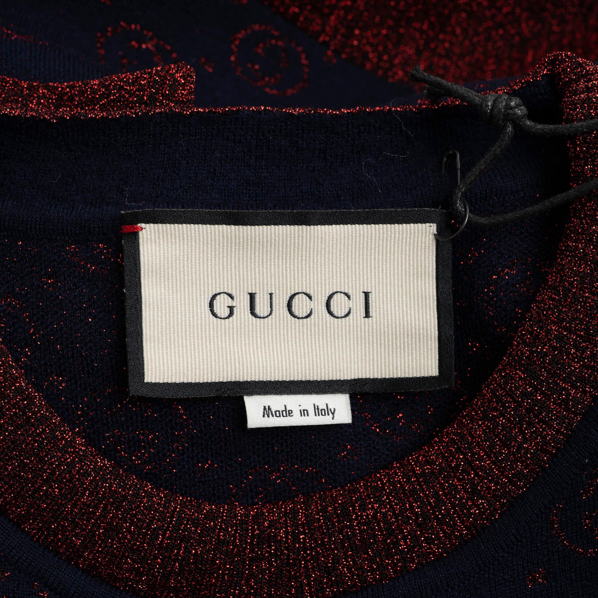 Gucci Maglione a maniche corte XS in lana blu e rossa LAME GG JACQUARD in vendita 1