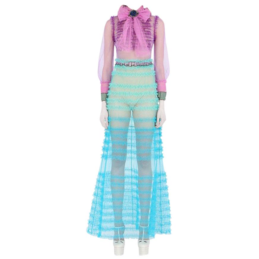 GUCCI Blue Ruffled Tulle and Organza Gown Dress IT40 US 2-4 For Sale