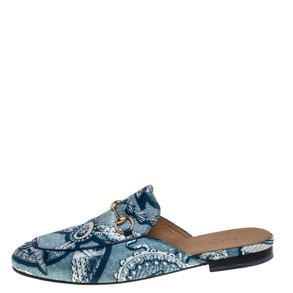 Women's Gucci Blue Satin And Leather Horsebit Princetown Mules Size 39.5