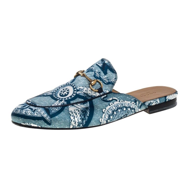 Gucci Blue Satin And Leather Horsebit Princetown Mules Size 39.5 at 1stDibs