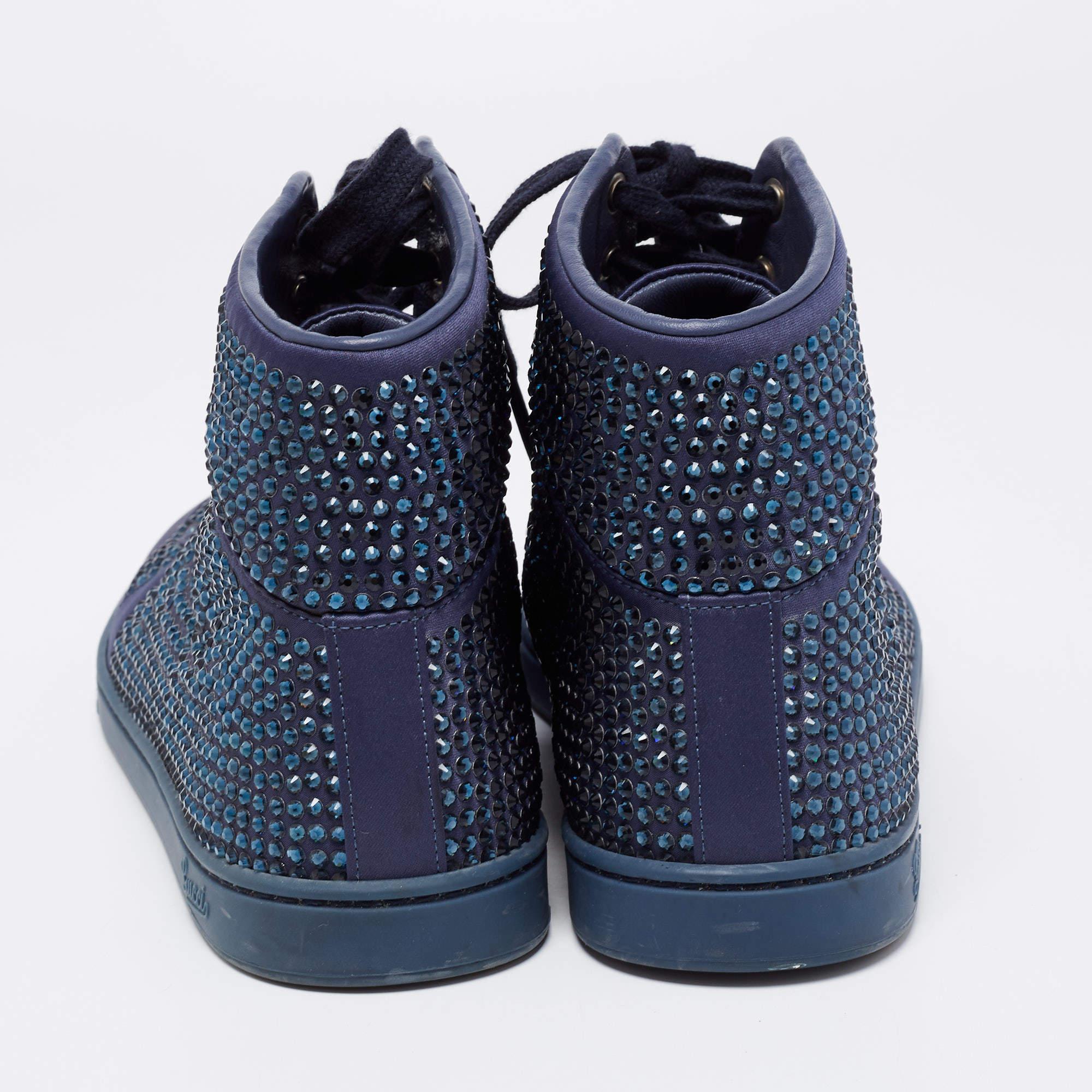 Gucci Blue Satin Crystal Embellished High Top Sneakers Size 39.5 In Good Condition For Sale In Dubai, Al Qouz 2