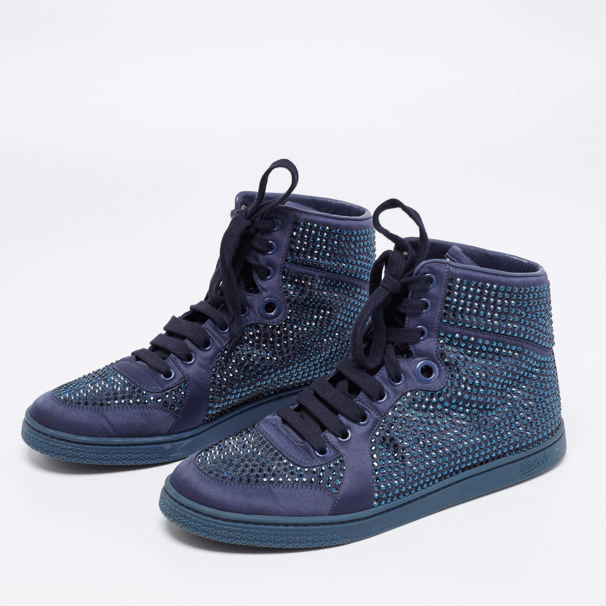 Men's Gucci Blue Satin Crystal Embellished High Top Sneakers Size 39.5 For Sale
