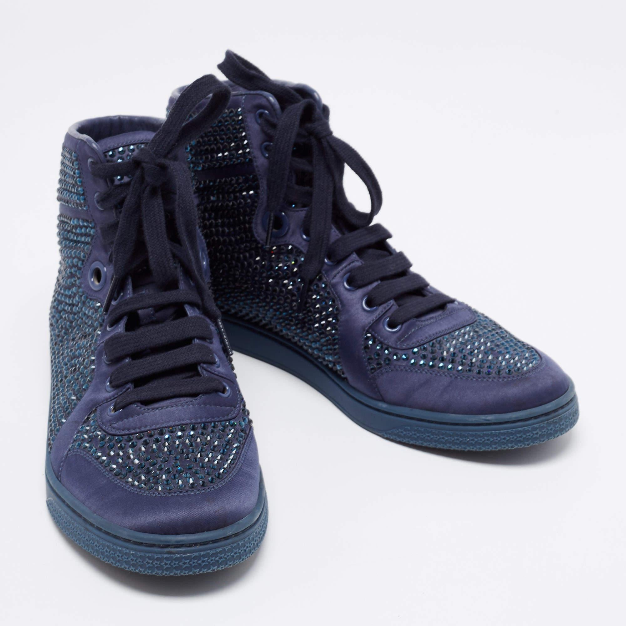 Gucci Blue Satin Crystal Embellished High Top Sneakers Size 39.5 For Sale 1