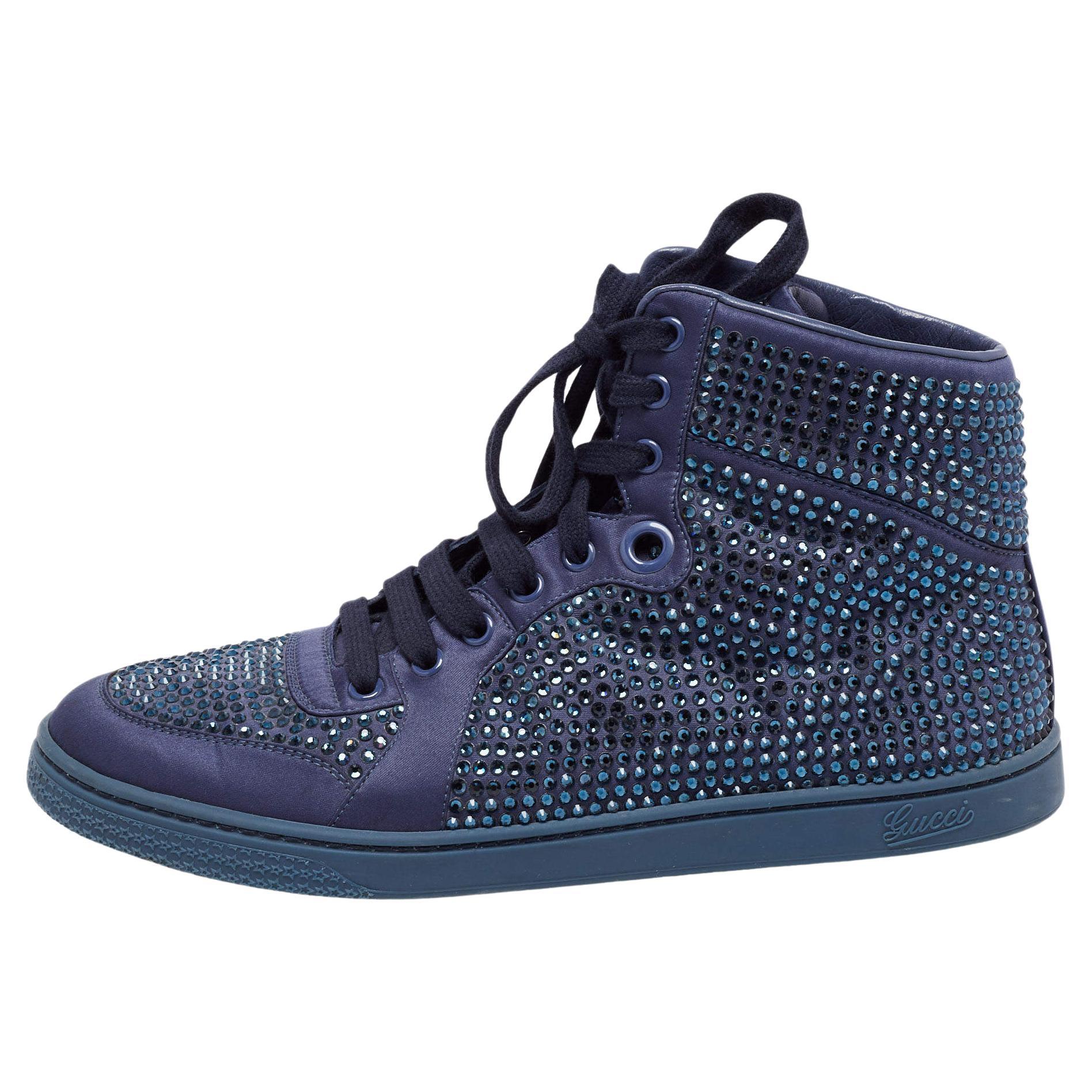 Gucci Blue Satin Crystal Embellished High Top Sneakers Size 39.5 For Sale