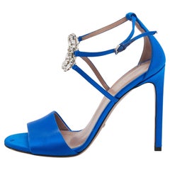 Gucci Blue Satin Crystal Embellished Interlocking G Ankle Strap Sandals Size 39
