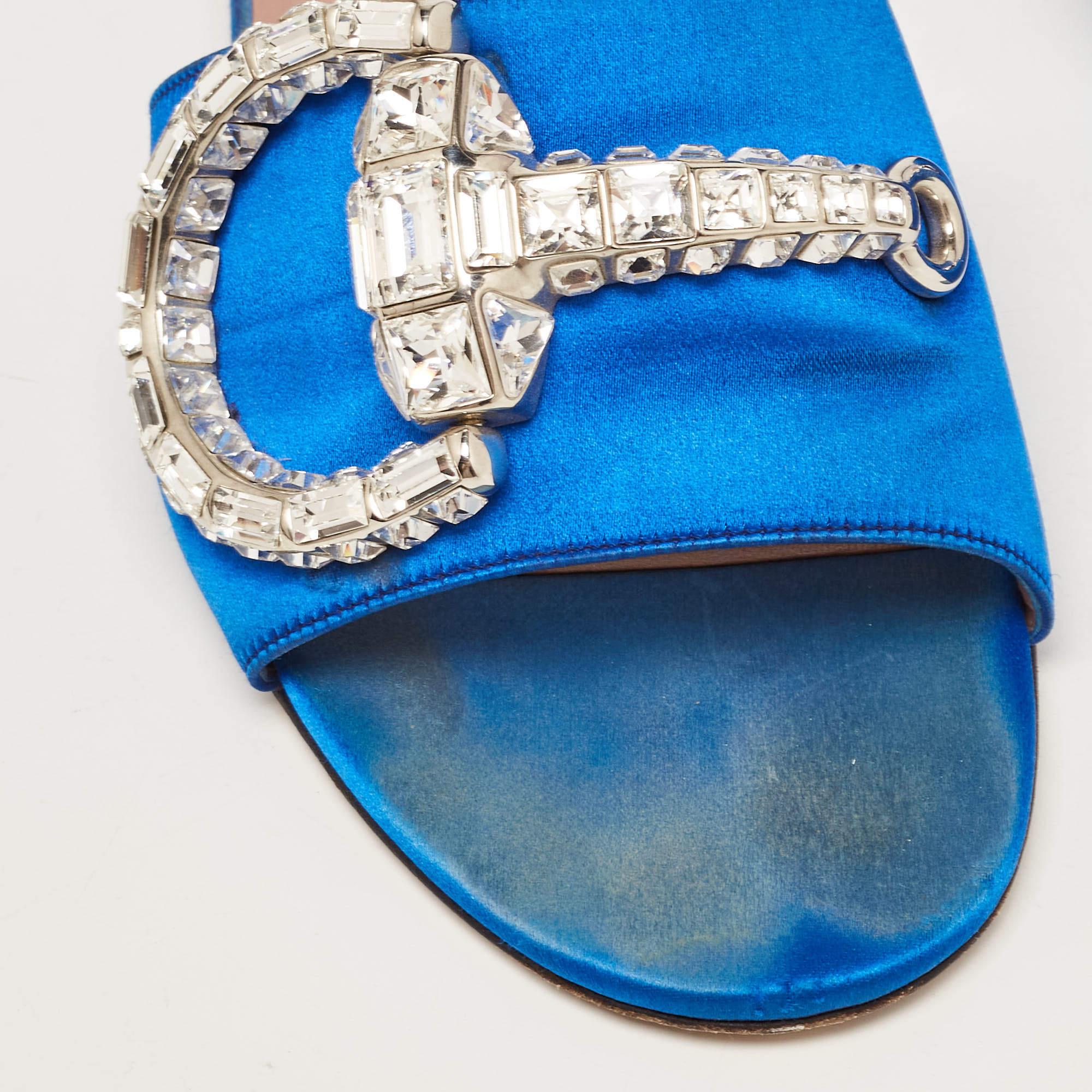 Gucci Bleu Satin Crystal Horsebit Maxime Slide Sandals Size 38.5 en vente 2