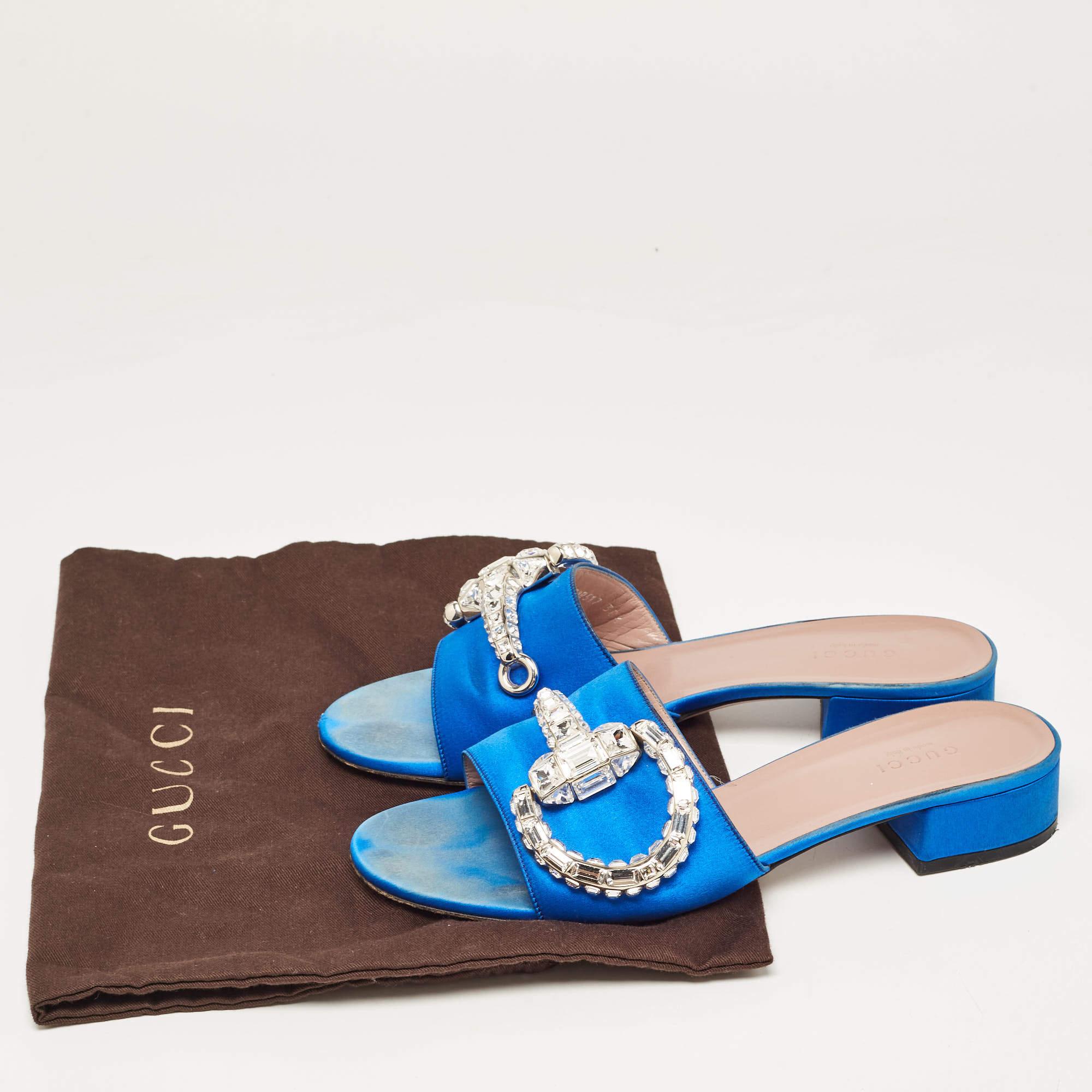 Gucci Blue Satin Crystal Horsebit Maxime Slide Sandals Size 38.5 For Sale 5