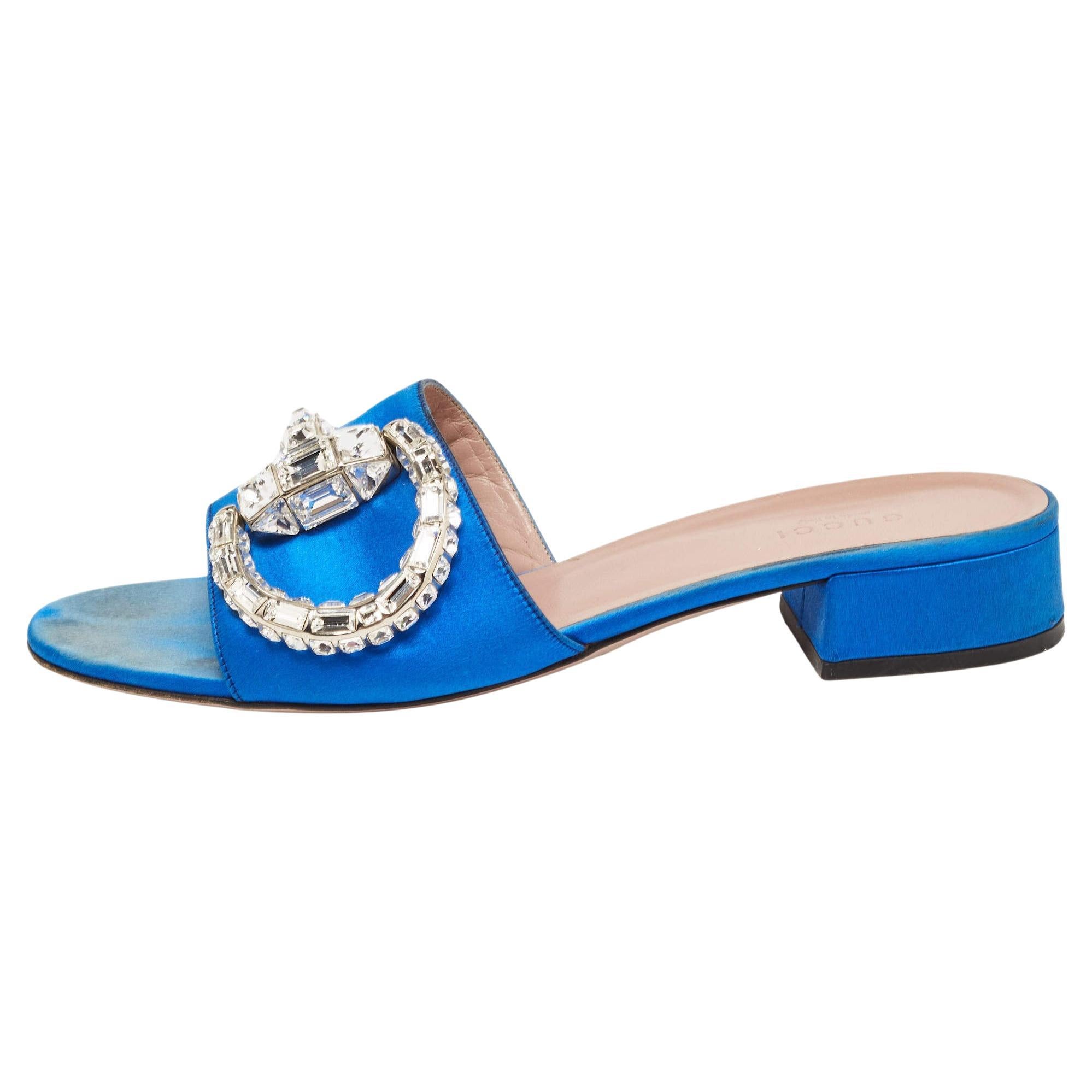 Gucci Bleu Satin Crystal Horsebit Maxime Slide Sandals Size 38.5 en vente