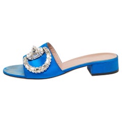 Used Gucci Blue Satin Crystal Horsebit Maxime Slide Sandals Size 38.5