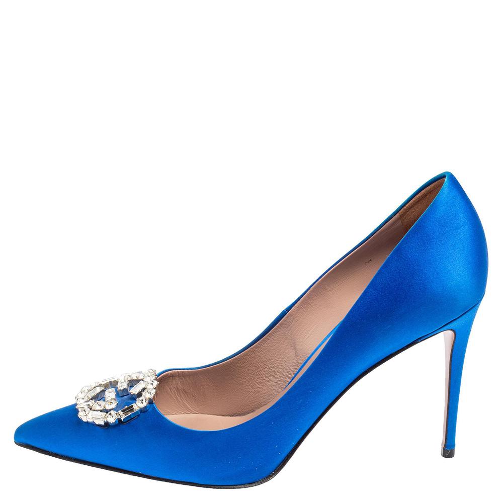 Gucci Blue Satin Crystal Interlocking G Pointe Toe Pumps Size 40 In Good Condition In Dubai, Al Qouz 2