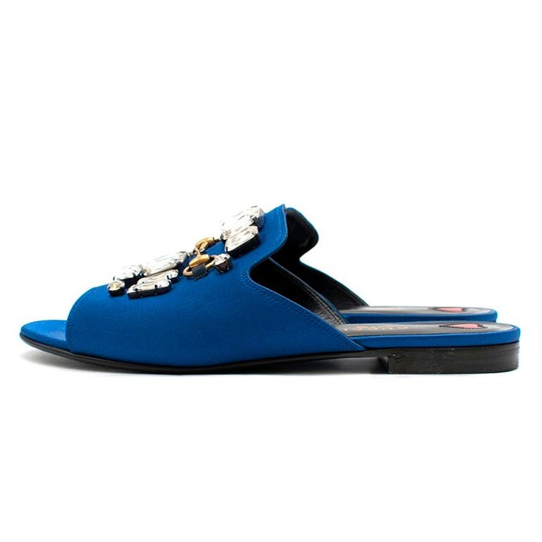 Gucci Blue Satin Embellished Slides 38.5 at 1stdibs