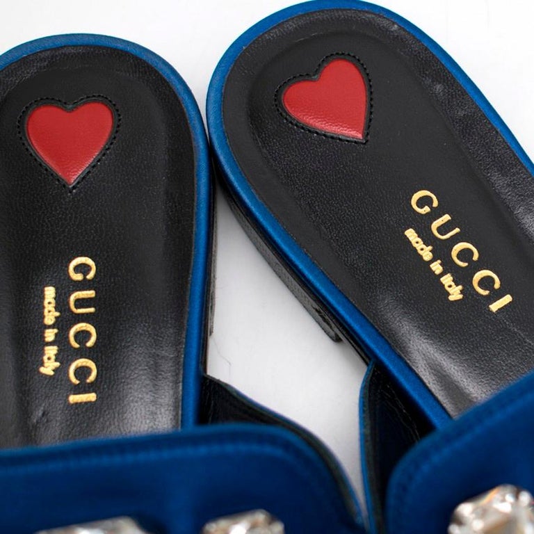 Gucci Blue Satin Embellished Slides 38.5 at 1stdibs