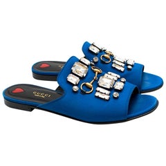 Gucci Blue Satin Embellished Slides 38.5