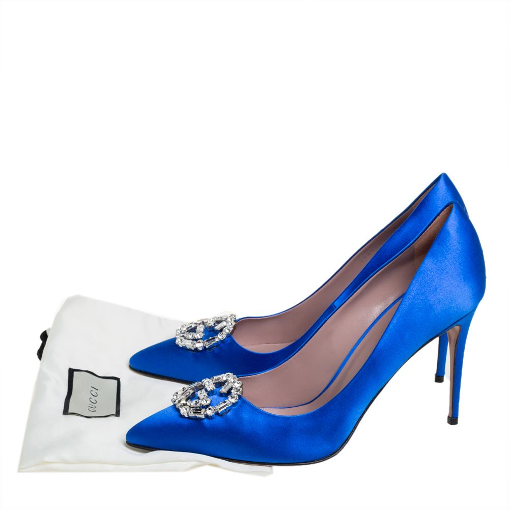 Gucci Blue Satin GG Crystal Pointed Toe Pumps Size 39 1